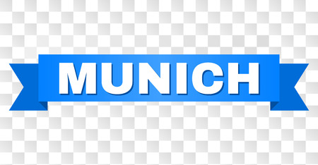 MUNICH text on a ribbon. Designed with white caption and blue stripe. Vector banner with MUNICH tag on a transparent background.のイラスト素材