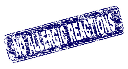 NO ALLERGIC REACTIONS stamp seal print with grunge style. Seal shape is a rounded rectangle with frame. Blue vector rubber print of NO ALLERGIC REACTIONS tag with unclean style.のイラスト素材