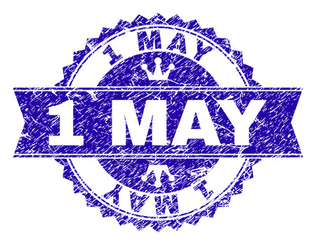 1 MAY rosette seal watermark with grunge style. Designed with round rosette, ribbon and small crowns. Blue vector rubber watermark of 1 MAY text with grunge texture.のイラスト素材