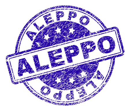 ALEPPO stamp seal imprint with grunge texture. Designed with rounded rectangles and circles. Blue vector rubber print of ALEPPO title with dirty texture.のイラスト素材
