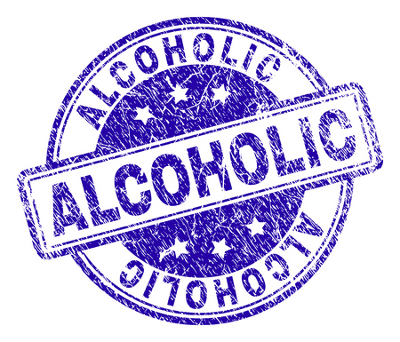 ALCOHOLIC stamp seal imprint with grunge texture. Designed with rounded rectangles and circles. Blue vector rubber print of ALCOHOLIC tag with corroded texture.のイラスト素材