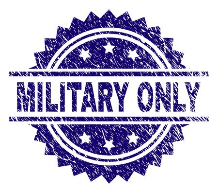 MILITARY ONLY stamp seal watermark with distress style. Blue vector rubber print of MILITARY ONLY label with corroded texture.のイラスト素材
