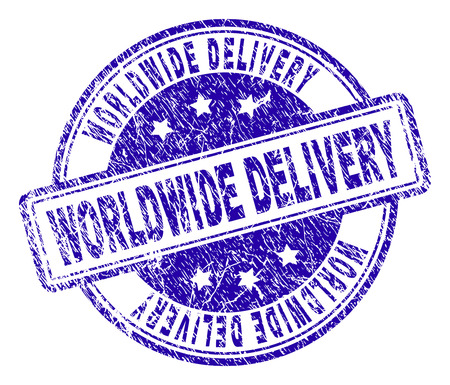 WORLDWIDE DELIVERY stamp seal watermark with grunge texture. Designed with rounded rectangles and circles. Blue vector rubber print of WORLDWIDE DELIVERY label with retro texture.のイラスト素材