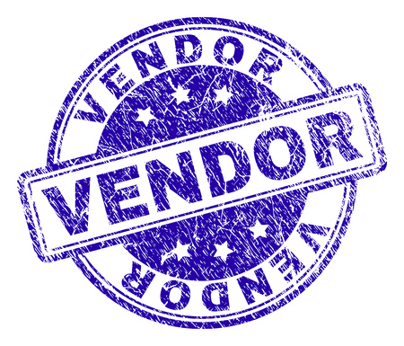 VENDOR stamp seal watermark with distress texture. Designed with rounded rectangles and circles. Blue vector rubber print of VENDOR title with dirty texture.のイラスト素材