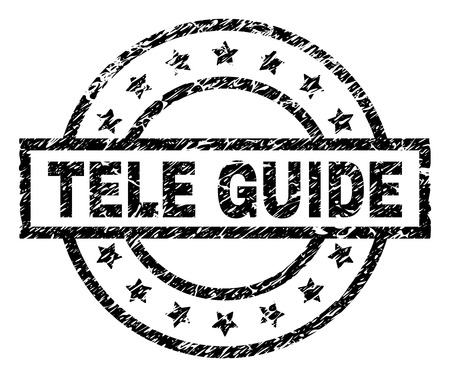 TELE GUIDE stamp seal watermark with distress style. Designed with rectangle, circles and stars. Black vector rubber print of TELE GUIDE text with scratched texture.のイラスト素材
