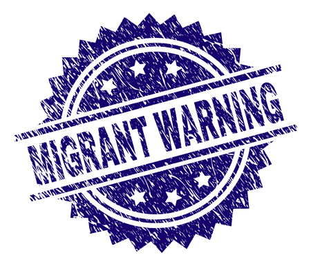 MIGRANT WARNING stamp seal watermark with distress style. Blue vector rubber print of MIGRANT WARNING title with retro texture.のイラスト素材