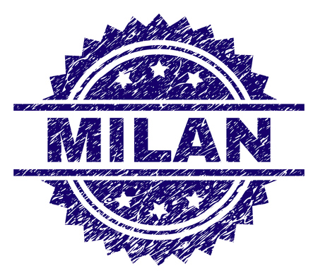 MILAN stamp seal watermark with distress style. Blue vector rubber print of MILAN tag with corroded texture.のイラスト素材