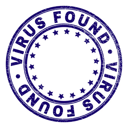 VIRUS FOUND stamp seal watermark with grunge texture. Designed with round shapes and stars. Blue vector rubber print of VIRUS FOUND tag with unclean texture.のイラスト素材