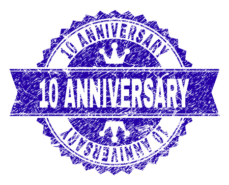 10 ANNIVERSARY rosette stamp watermark with grunge style. Designed with round rosette, ribbon and small crowns. Blue vector rubber watermark of 10 ANNIVERSARY caption with scratched style.のイラスト素材