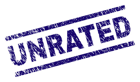 UNRATED seal print with grunge style. Blue vector rubber print of UNRATED title with dust texture. Text title is placed between parallel lines.のイラスト素材