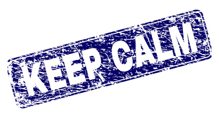 KEEP CALM stamp seal print with grunge texture. Seal shape is a rounded rectangle with frame. Blue vector rubber print of KEEP CALM caption with grunge style.のイラスト素材
