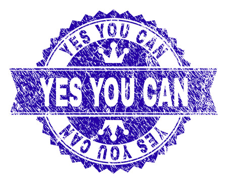 YES YOU CAN rosette stamp seal watermark with grunge texture. Designed with round rosette, ribbon and small crowns. Blue vector rubber watermark of YES YOU CAN caption with dirty texture.のイラスト素材