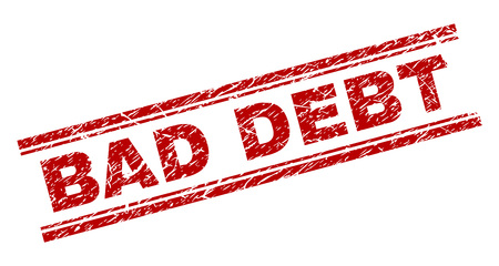 BAD DEBT seal stamp with corroded texture. Red vector rubber print of BAD DEBT label with corroded texture. Text label is placed between double parallel lines.のイラスト素材