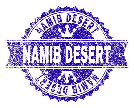 NAMIB DESERT rosette seal watermark with grunge effect. Designed with round rosette, ribbon and small crowns. Blue vector rubber watermark of NAMIB DESERT title with dust texture.のイラスト素材
