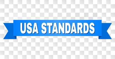 USA STANDARDS text on a ribbon. Designed with white caption and blue tape. Vector banner with USA STANDARDS tag on a transparent background.のイラスト素材