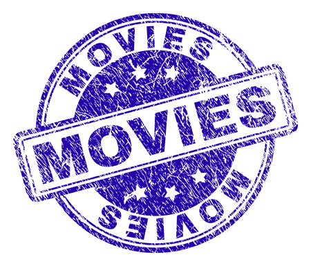 MOVIES stamp seal imprint with grunge texture. Designed with rounded rectangles and circles. Blue vector rubber print of MOVIES tag with grunge texture.のイラスト素材