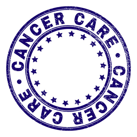 CANCER CARE stamp seal watermark with grunge style. Designed with round shapes and stars. Blue vector rubber print of CANCER CARE text with scratched texture.のイラスト素材