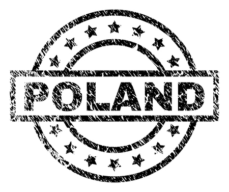 POLAND stamp seal watermark with distress style. Designed with rectangle, circles and stars. Black vector rubber print of POLAND label with unclean texture.のイラスト素材
