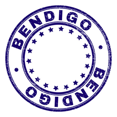 BENDIGO stamp seal imprint with grunge texture. Designed with circles and stars. Blue vector rubber print of BENDIGO text with unclean texture.のイラスト素材