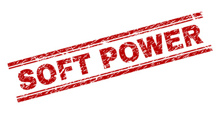 SOFT POWER seal print with grunge texture. Red vector rubber print of SOFT POWER text with retro texture. Text label is placed between double parallel lines.のイラスト素材
