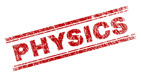 PHYSICS seal stamp with grunge texture. Red vector rubber print of PHYSICS text with dust texture. Text caption is placed between double parallel lines.のイラスト素材