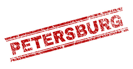 PETERSBURG seal stamp with grunge texture. Red vector rubber print of PETERSBURG title with scratched texture. Text title is placed between double parallel lines.のイラスト素材
