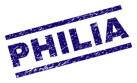 PHILIA seal print with grunge style. Blue vector rubber print of PHILIA caption with dirty texture. Text caption is placed between parallel lines.のイラスト素材