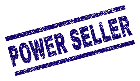 POWER SELLER seal imprint with distress style. Blue vector rubber print of POWER SELLER title with unclean texture. Text title is placed between parallel lines.のイラスト素材