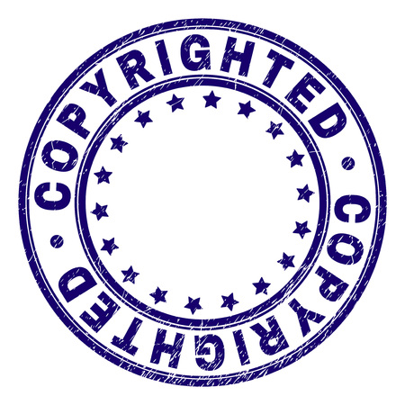 COPYRIGHTED stamp seal imprint with grunge texture. Designed with circles and stars. Blue vector rubber print of COPYRIGHTED label with grunge texture.のイラスト素材