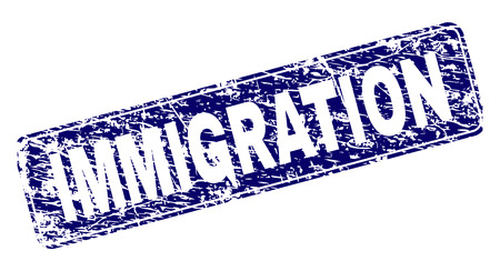 IMMIGRATION stamp seal print with distress style. Seal shape is a rounded rectangle with frame. Blue vector rubber print of IMMIGRATION label with corroded style.のイラスト素材