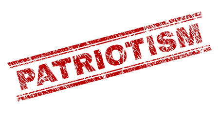 PATRIOTISM seal print with corroded style. Red vector rubber print of PATRIOTISM label with corroded texture. Text tag is placed between double parallel lines.のイラスト素材