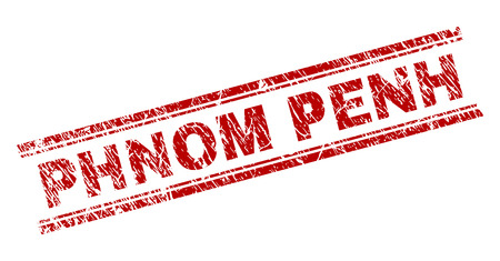 PHNOM PENH seal watermark with corroded texture. Red vector rubber print of PHNOM PENH caption with unclean texture. Text caption is placed between double parallel lines.のイラスト素材