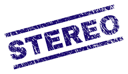 STEREO seal print with distress style. Blue vector rubber print of STEREO label with grunge texture. Text label is placed between parallel lines.のイラスト素材