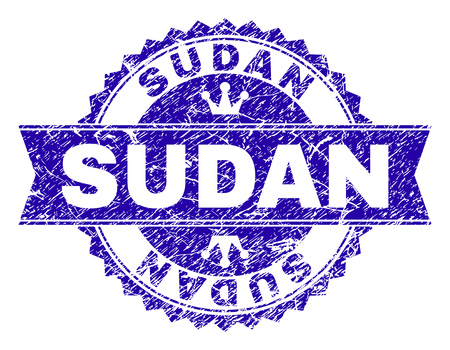 SUDAN rosette stamp seal imprint with distress style. Designed with round rosette, ribbon and small crowns. Blue vector rubber print of SUDAN tag with unclean style.のイラスト素材