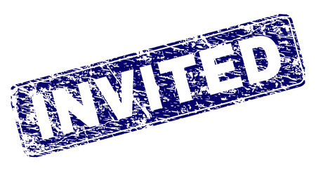 INVITED stamp seal watermark with grunge style. Seal shape is a rounded rectangle with frame. Blue vector rubber print of INVITED label with grunge style.のイラスト素材
