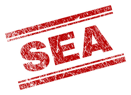 SEA seal print with corroded texture. Red vector rubber print of SEA label with dirty texture. Text label is placed between double parallel lines.のイラスト素材