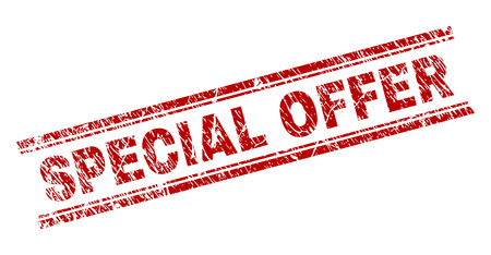 SPECIAL OFFER seal print with grunge texture. Red vector rubber print of SPECIAL OFFER title with retro texture. Text title is placed between double parallel lines.のイラスト素材