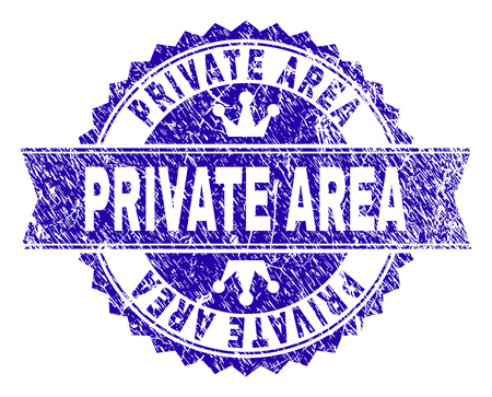PRIVATE AREA rosette stamp seal imitation with grunge texture. Designed with round rosette, ribbon and small crowns. Blue vector rubber watermark of PRIVATE AREA label with unclean texture.のイラスト素材
