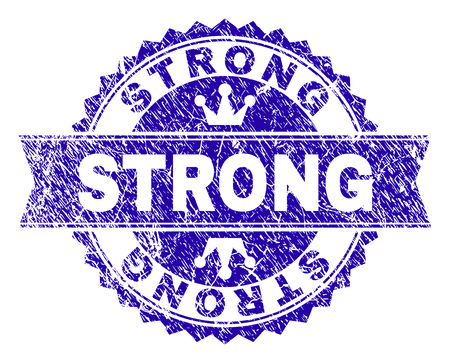 STRONG rosette stamp imprint with distress texture. Designed with round rosette, ribbon and small crowns. Blue vector rubber print of STRONG text with unclean texture.のイラスト素材