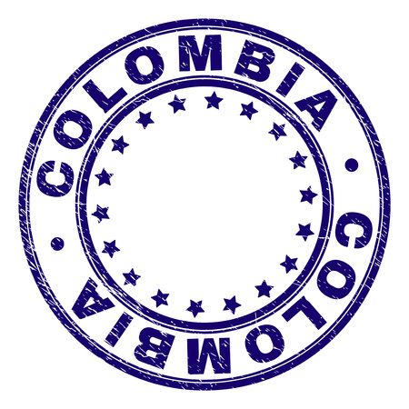 COLOMBIA stamp seal watermark with grunge texture. Designed with round shapes and stars. Blue vector rubber print of COLOMBIA tag with retro texture.のイラスト素材