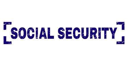 SOCIAL SECURITY label seal print with distress style. Text label is placed inside corners. Blue vector rubber print of SOCIAL SECURITY with unclean texture.のイラスト素材