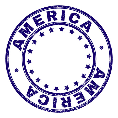 AMERICA stamp seal watermark with grunge texture. Designed with round shapes and stars. Blue vector rubber print of AMERICA caption with grunge texture.のイラスト素材