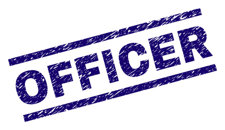 OFFICER seal print with scratced style. Blue vector rubber print of OFFICER caption with grunge texture. Text label is placed between parallel lines.のイラスト素材
