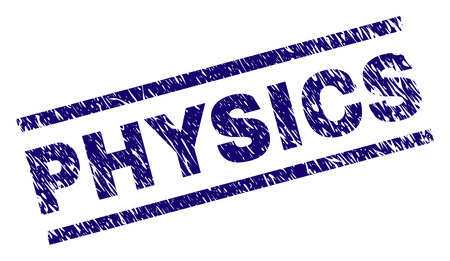 PHYSICS seal print with distress style. Blue vector rubber print of PHYSICS text with dirty texture. Text caption is placed between parallel lines.のイラスト素材