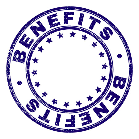 BENEFITS stamp seal watermark with grunge texture. Designed with round shapes and stars. Blue vector rubber print of BENEFITS title with unclean texture.のイラスト素材