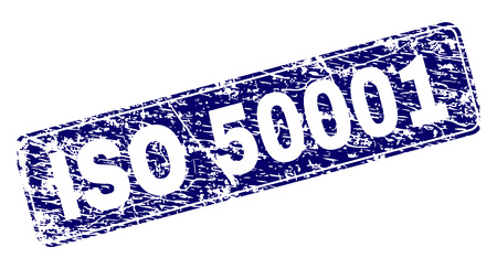 ISO 50001 stamp seal print with distress style. Seal shape is a rounded rectangle with frame. Blue vector rubber print of ISO 50001 tag with dirty style.のイラスト素材