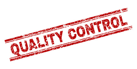 QUALITY CONTROL seal imprint with grunge texture. Red vector rubber print of QUALITY CONTROL tag with grunge texture. Text label is placed between double parallel lines.のイラスト素材