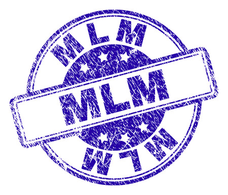 MLM stamp seal imprint with grunge texture. Designed with rounded rectangles and circles. Blue vector rubber print of MLM label with retro texture.のイラスト素材