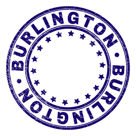BURLINGTON stamp seal watermark with grunge texture. Designed with circles and stars. Blue vector rubber print of BURLINGTON title with corroded texture.のイラスト素材