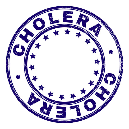 CHOLERA stamp seal imprint with distress texture. Designed with circles and stars. Blue vector rubber print of CHOLERA text with dirty texture.のイラスト素材